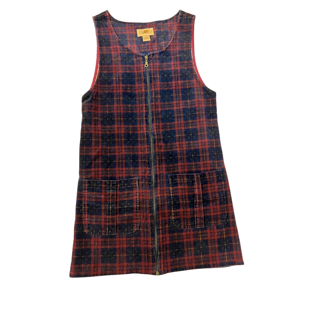 Fargo Clothing & Supply Co Red Navy Plaid Corduroy Zip Front Jumper Dress M